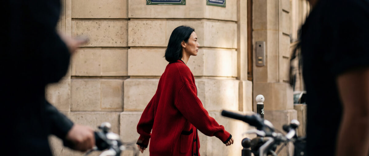 marie claire model walking down a parisian street